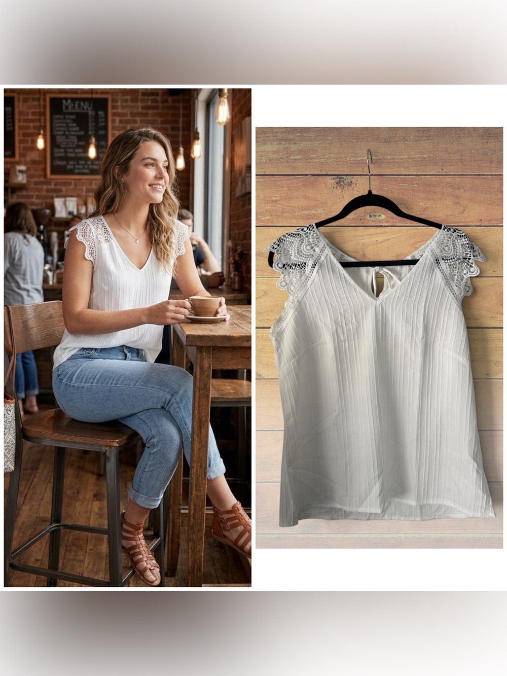 Cupshe White Lace-Trim V-Neck Sleeveless Blouse, Medium